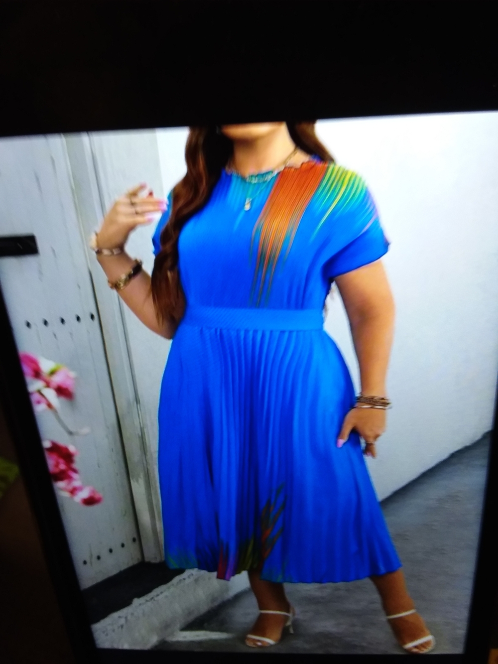 SHEIN Blue Pleated Midi Dress with Rainbow Shoulder Detail